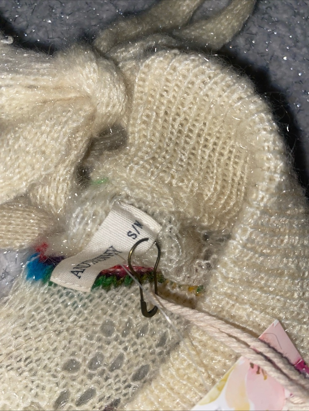 ANDTHEWHY Ivory Long Sleeve Sweater, Tie Neck, Multi Color Design, Eyelets S/M - Picture 7 of 7